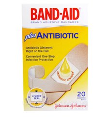 Band Aid, Липкий пластир, з додаванням антибіотиків, 20 розмірів в асортименті