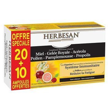Маточное молочко Herbesan с медом, прополисом, ацеролой, грейпфрутом Франция 30 питьевых ампул