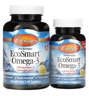 Омега-3 Carlson Labs EcoSmart Omega-3, лимон, 90+30 желатинових капсул